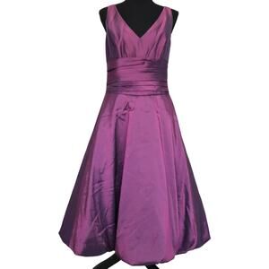 Vintage Y2K Purple Liquid Satin Bubble Dress Midi Fit Flare V Neck Cummerbund 12